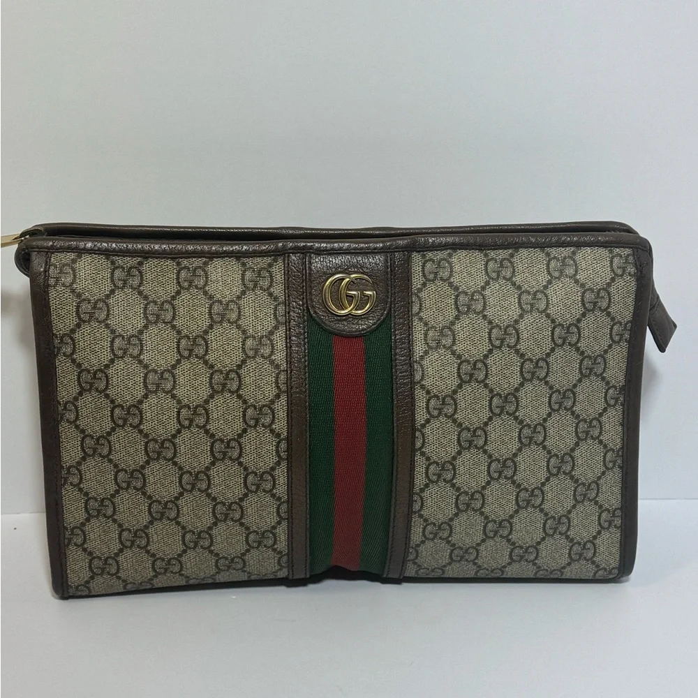 AUTHENTIC Gucci Beige Monogram Pouch/Clutch  with Green and Red Web